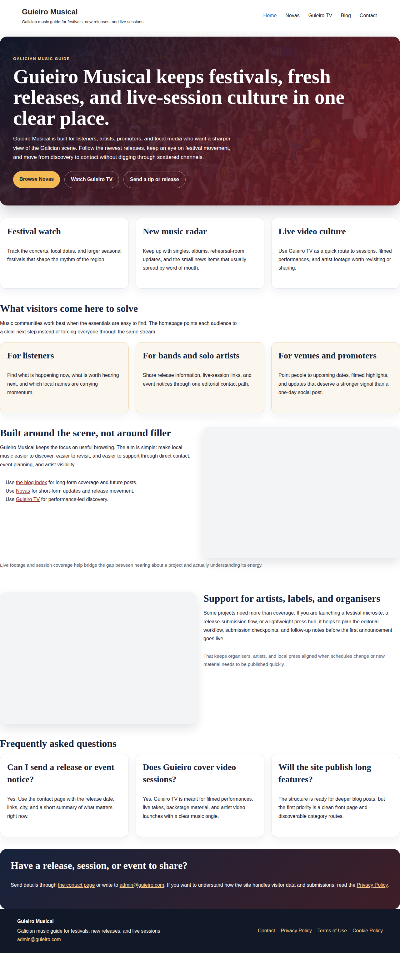 Guieiro Musical homepage navigation for festivals, news, and videos.