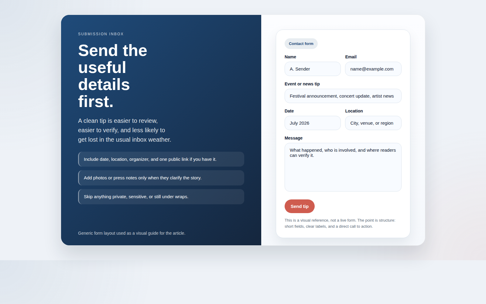 Contact form guidance for submitting festival and music news tips.